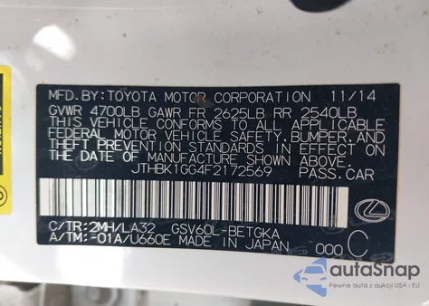 2015 Lexus Es 350 Crafted Line z USA, uszkodzony, nr VIN JTHBK1GG4F2172569